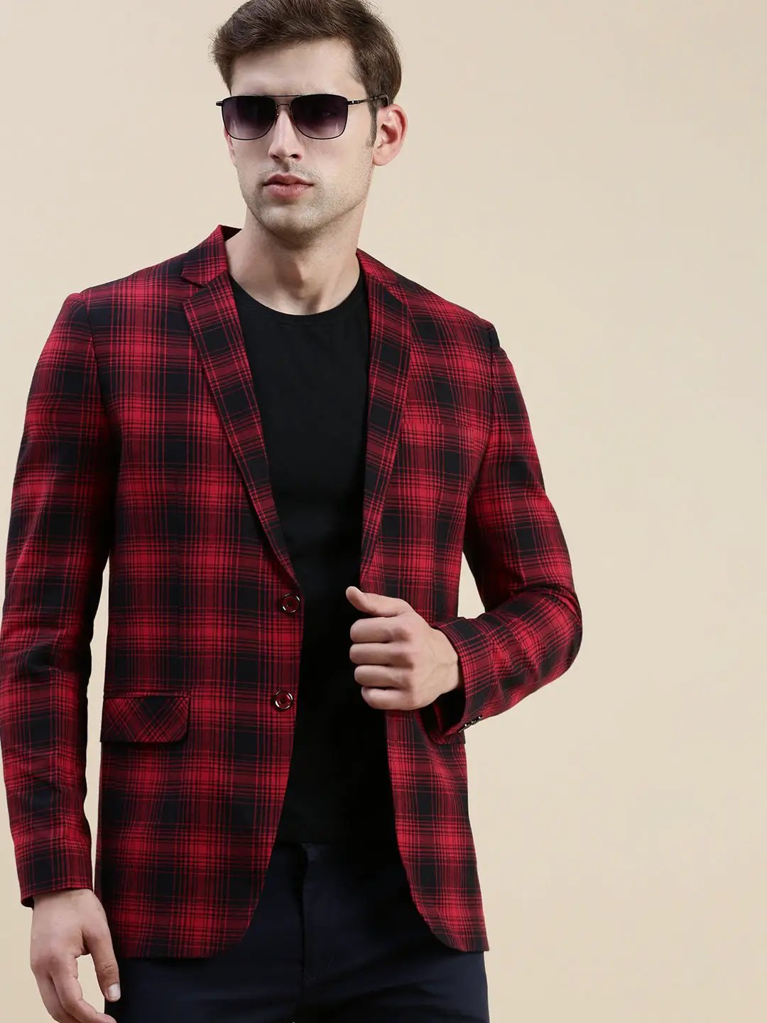 Men's Red Checked Single-Breasted Slim-Fit Blazer