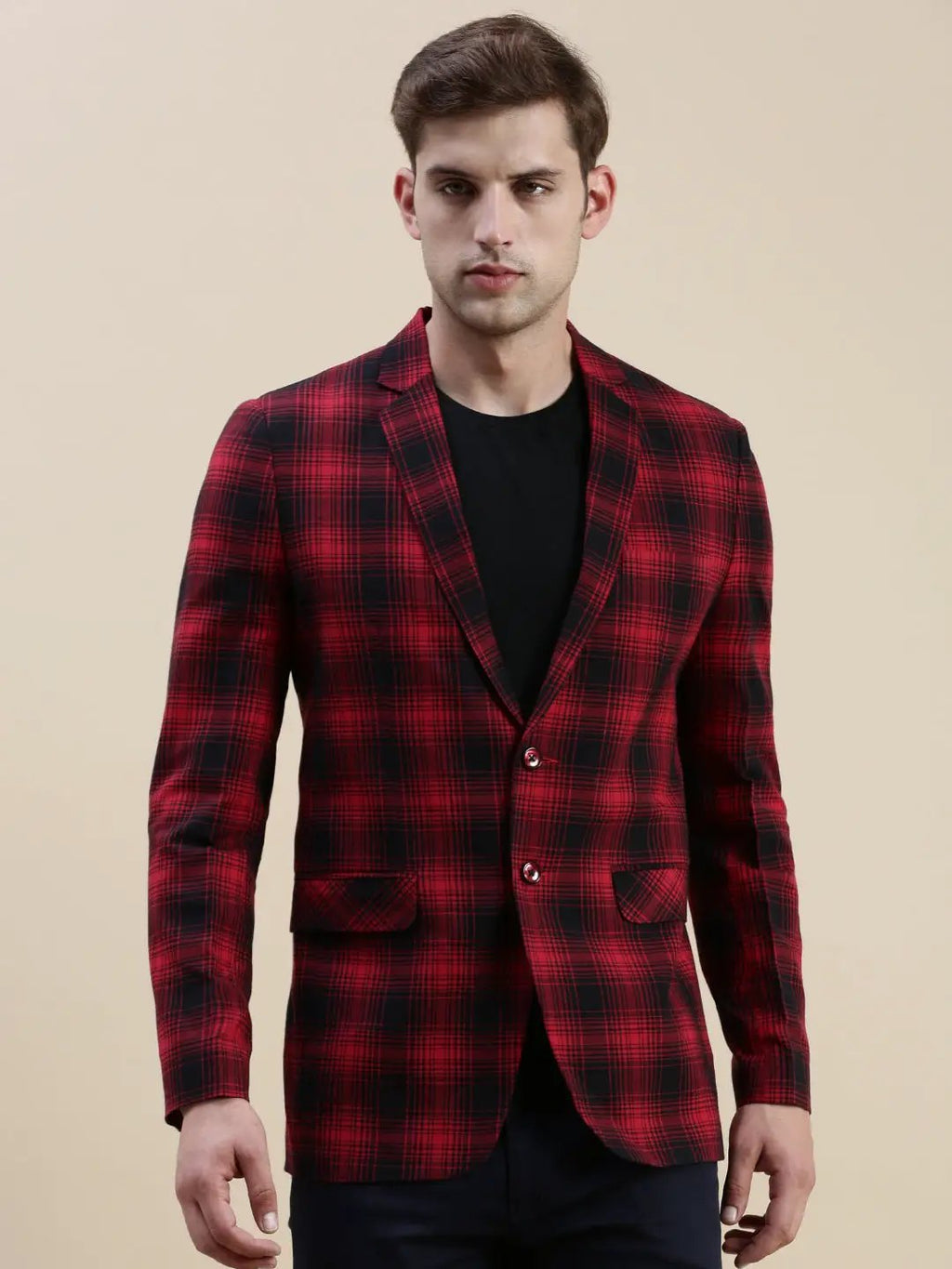 Men's Red Checked Single-Breasted Slim-Fit Blazer