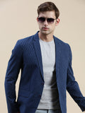 Men's Navy Blue Striped Slim-Fit Single-Breasted Blazer