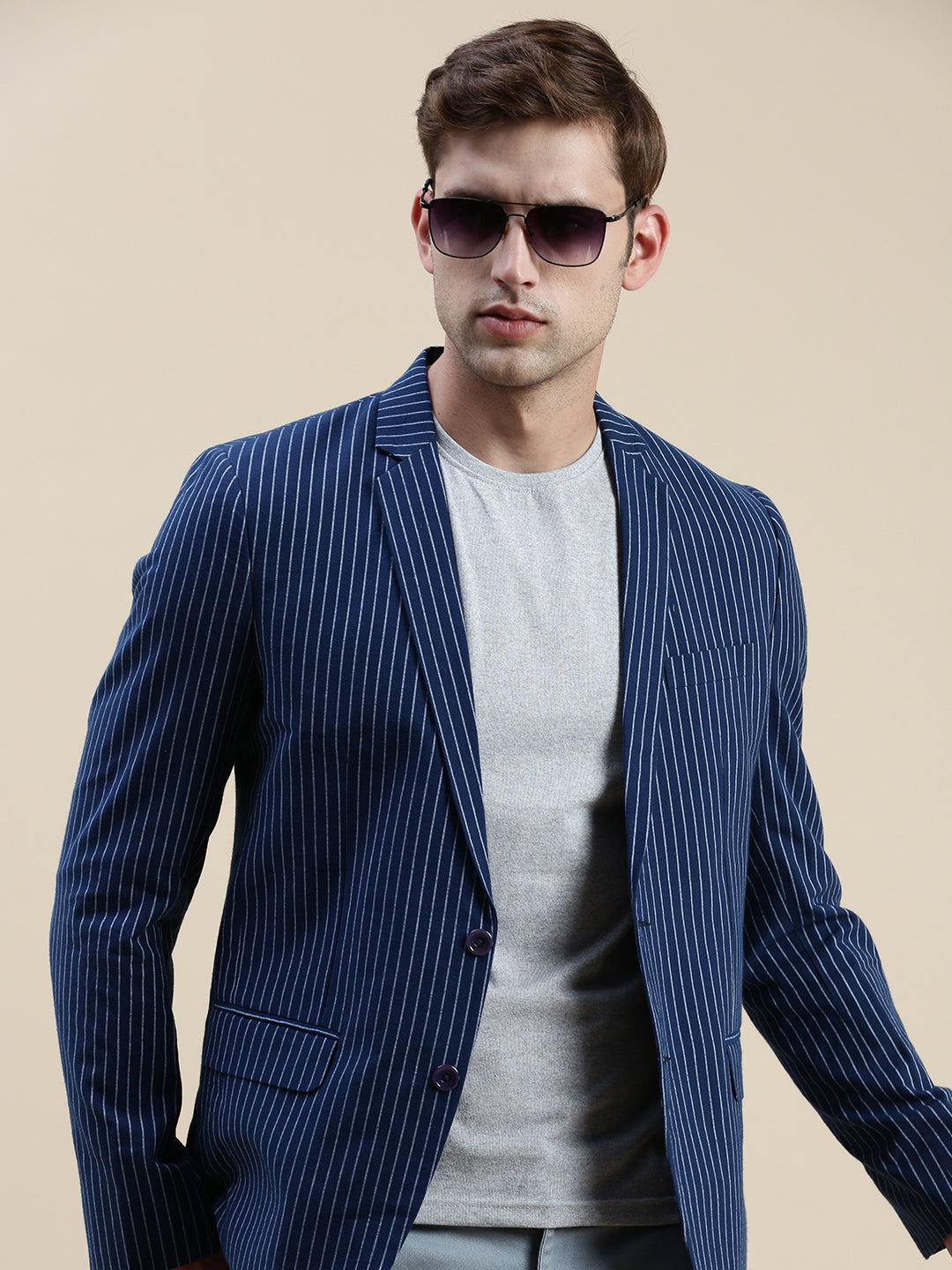 Men's Navy Blue Striped Slim-Fit Single-Breasted Blazer