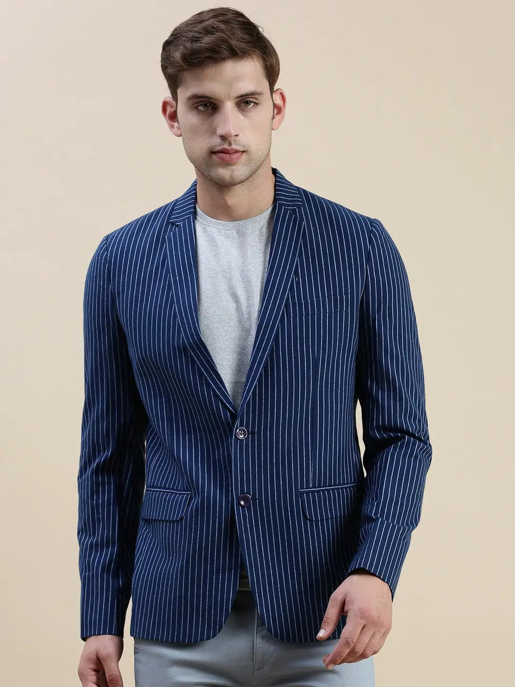 Men's Navy Blue Striped Slim-Fit Single-Breasted Blazer