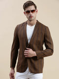 Men's Brown Notched Lapel Striped Single-Breasted Blazer