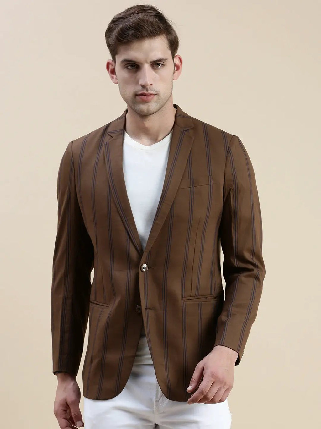 Men's Brown Notched Lapel Striped Single-Breasted Blazer