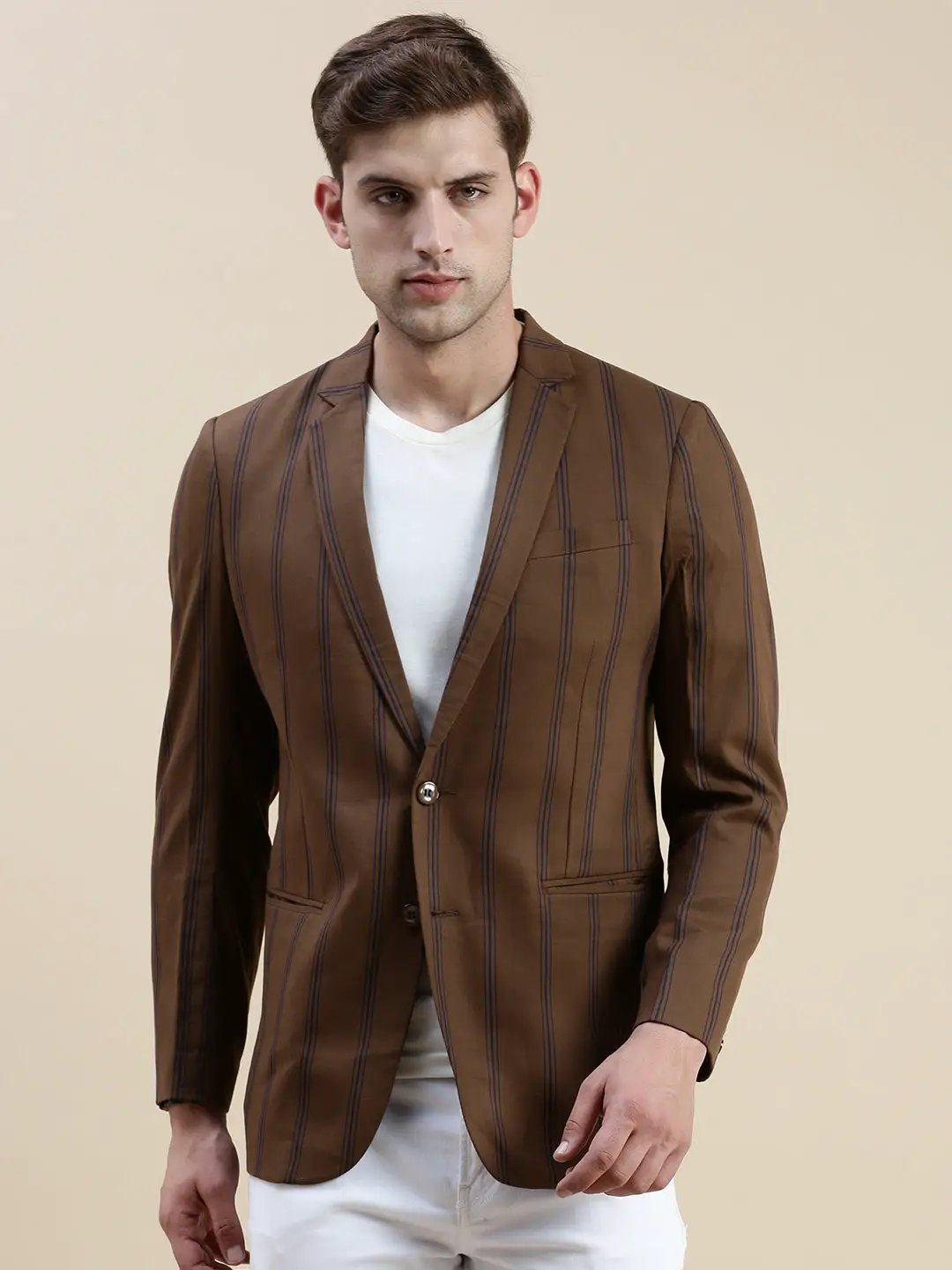 Men's Brown Notched Lapel Striped Single-Breasted Blazer