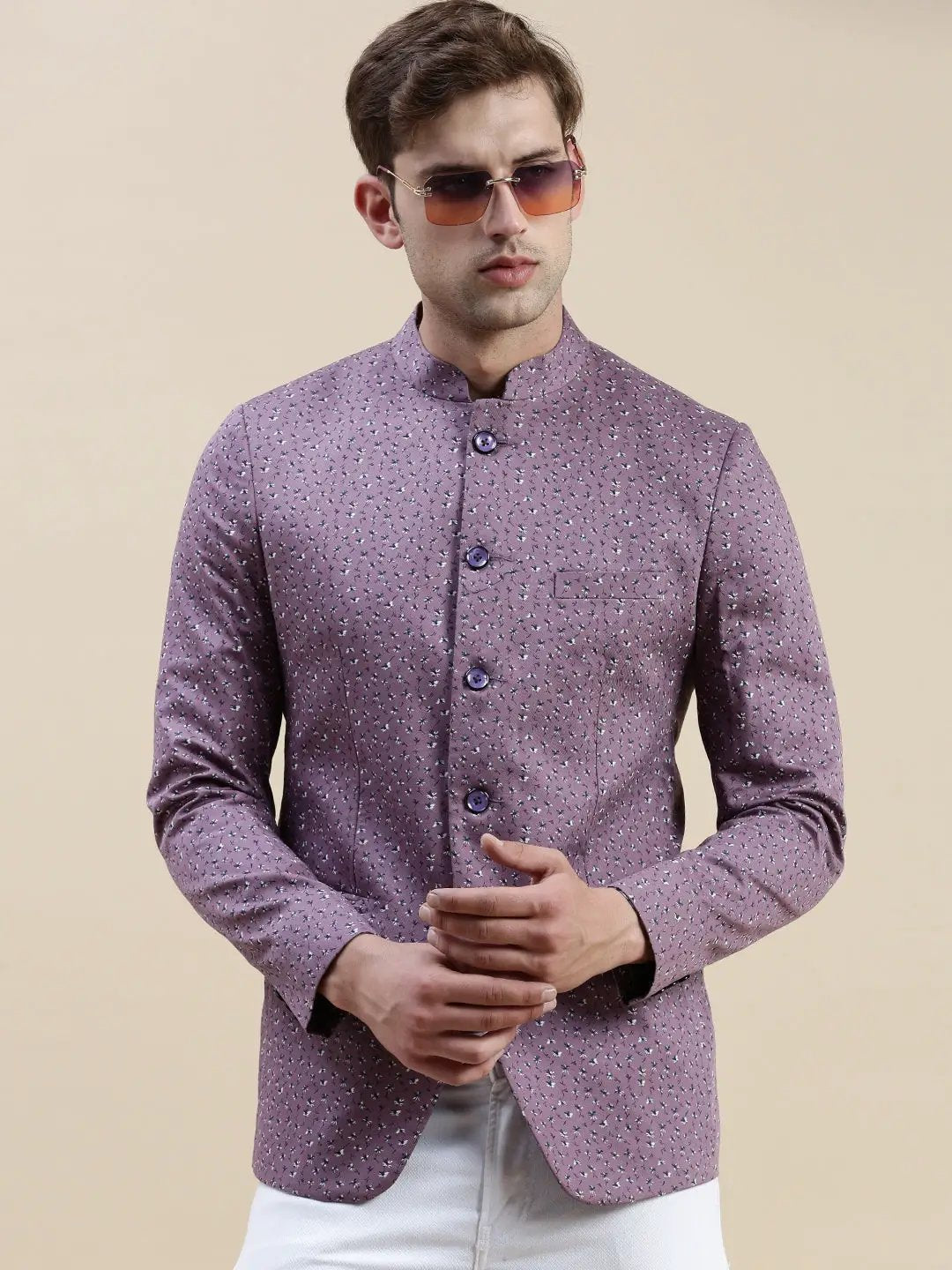 Men's Lavender Printed Mandarin Collar Slim-Fit Single-Breasted Blazer