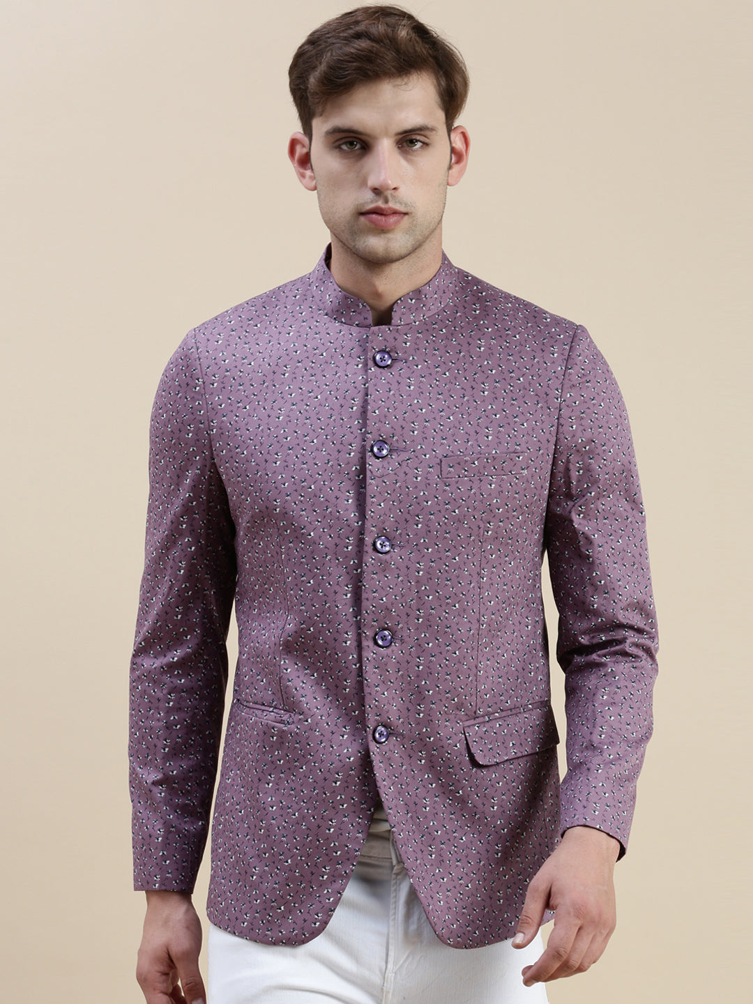 Men's Lavender Printed Mandarin Collar Slim-Fit Single-Breasted Blazer