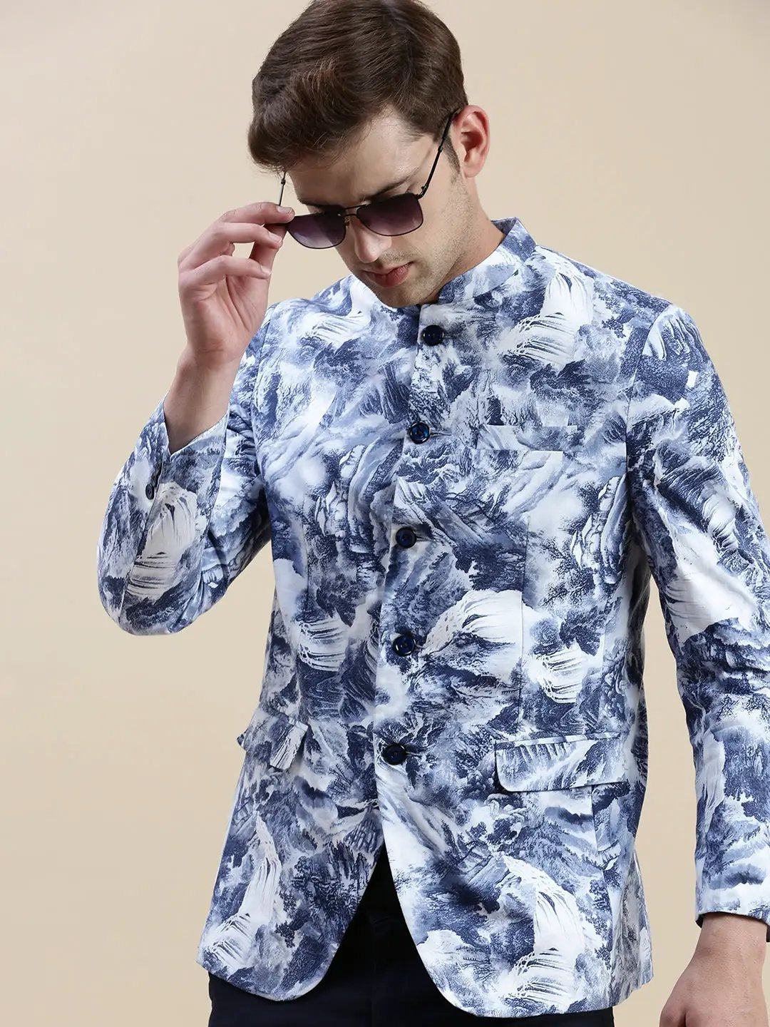 Men's Blue Printed Bandhgala Blazers