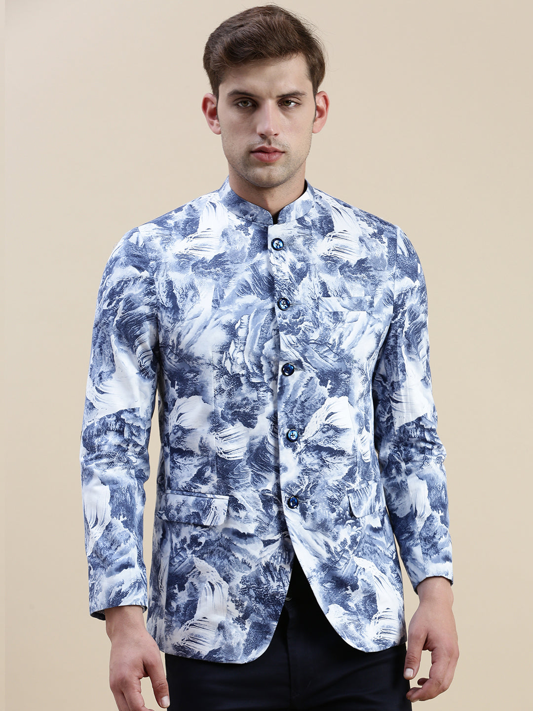 Men's Blue Printed Bandhgala Blazers