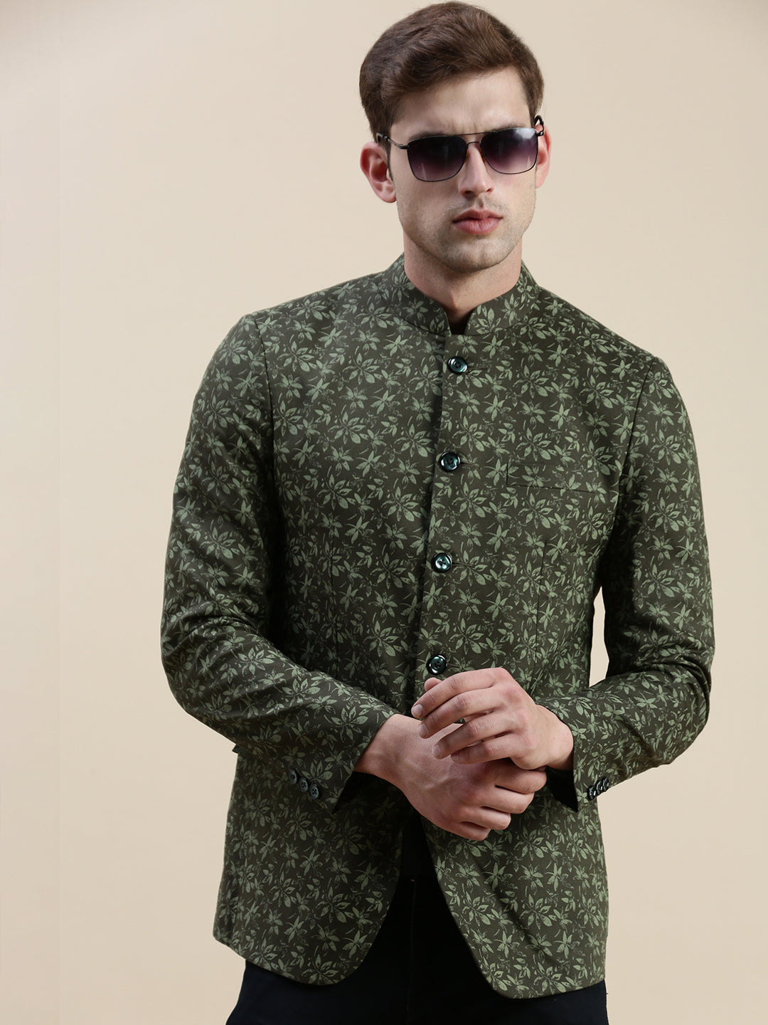 Men's Olive Printed Bandhgala Blazer