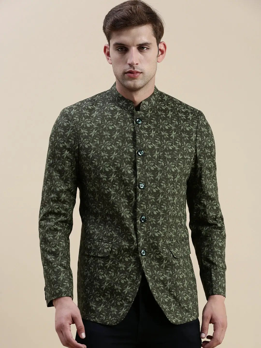 Men's Olive Printed Bandhgala Blazer