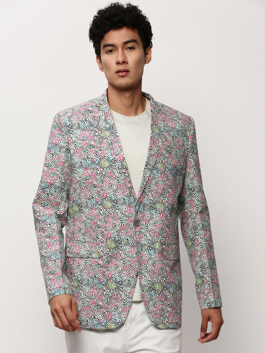 Men's White Abstract Printed Slim-Fit Single-Breasted Cotton Blazer