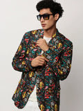 Men's Black Graphic Printed Slim-Fit Single Breasted Cotton Blazer