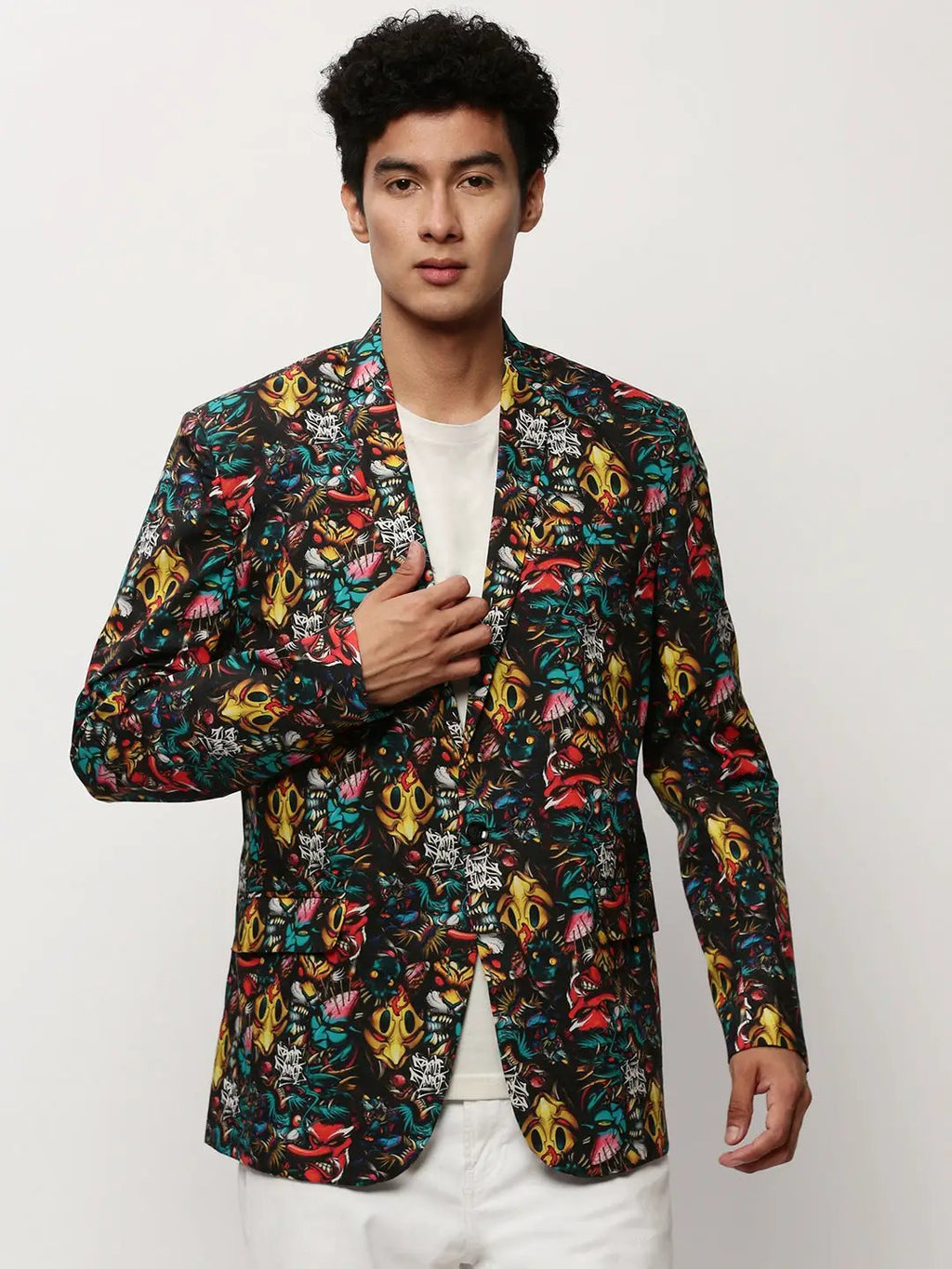Men's Black Graphic Printed Slim-Fit Single Breasted Cotton Blazer