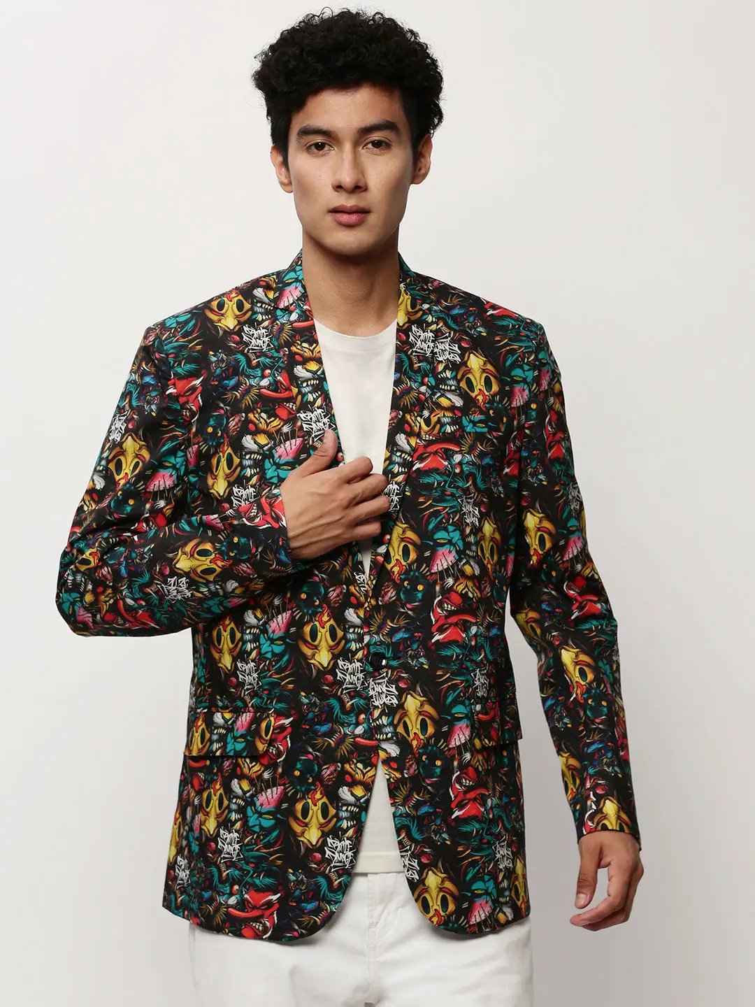 Men's Black Graphic Printed Slim-Fit Single Breasted Cotton Blazer