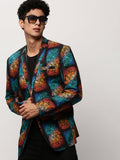 Men's Black Graphic Printed Slim Fit Single-Breasted Cotton Blazer