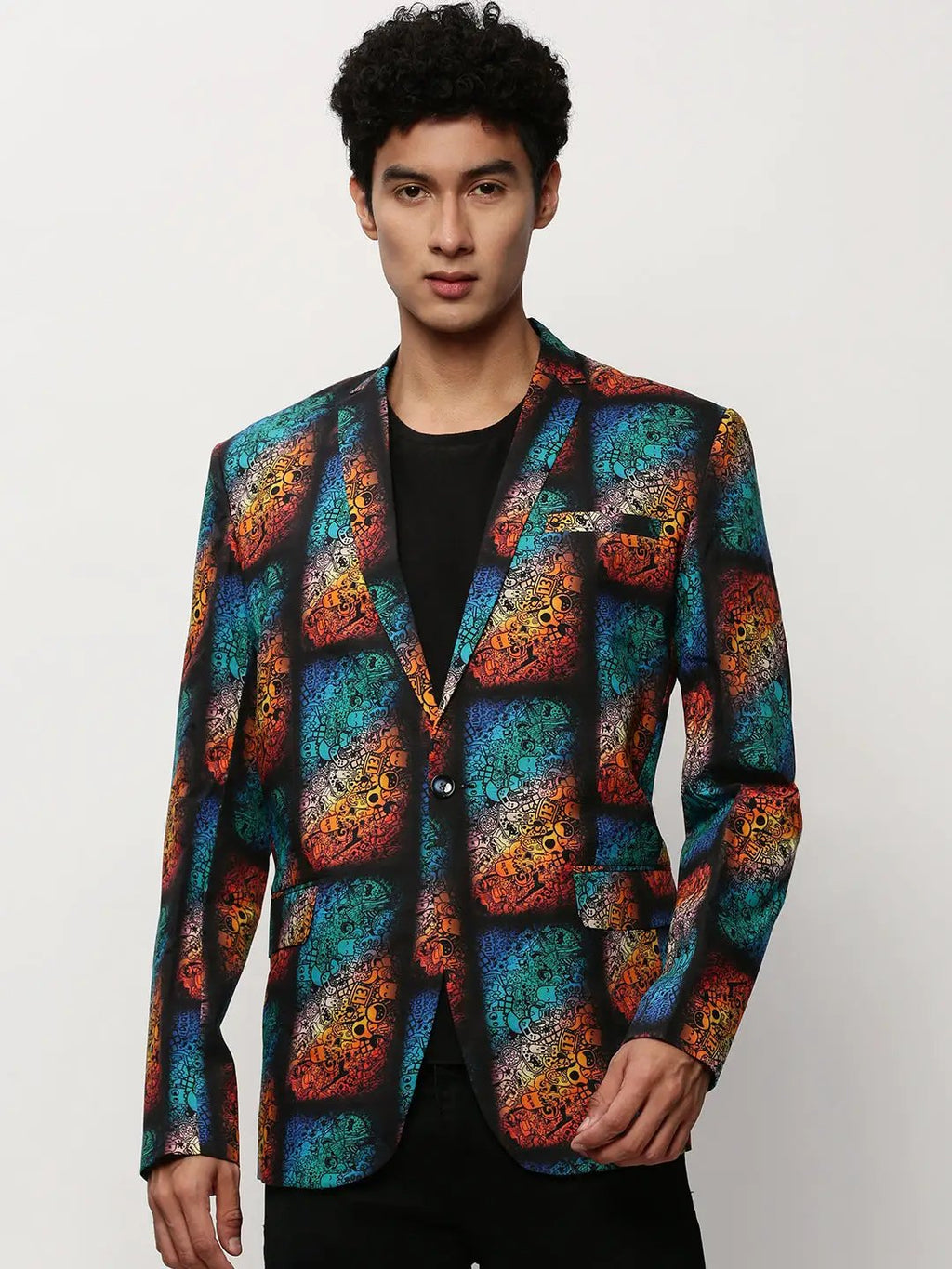 Men's Black Graphic Printed Slim Fit Single-Breasted Cotton Blazer
