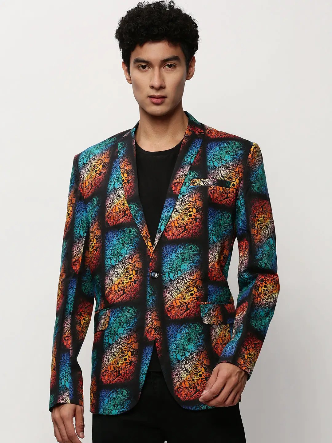 Men's Black Graphic Printed Slim Fit Single-Breasted Cotton Blazer