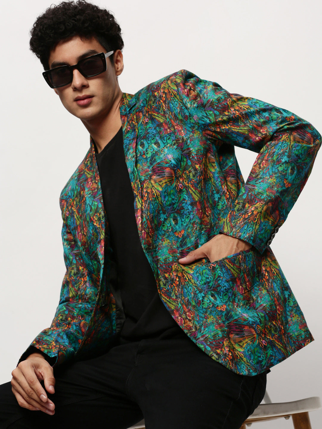 Men's Turquoise Blue Printed Notched Lapel Single Breasted Blazer