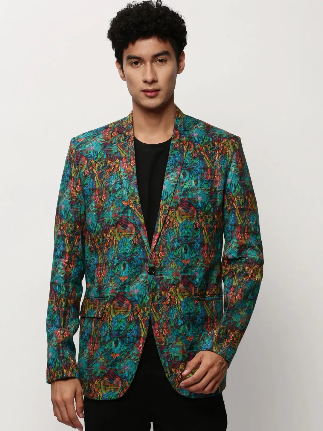 Men's Turquoise Blue Printed Notched Lapel Single Breasted Blazer