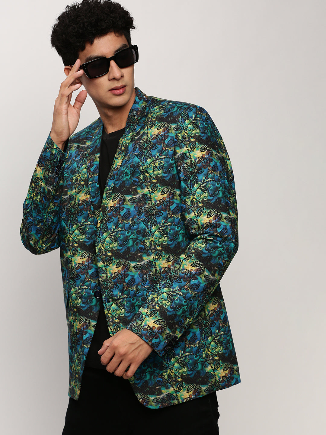 Men's Blue Printed Slim-Fit Cotton Single Breasted Blazer
