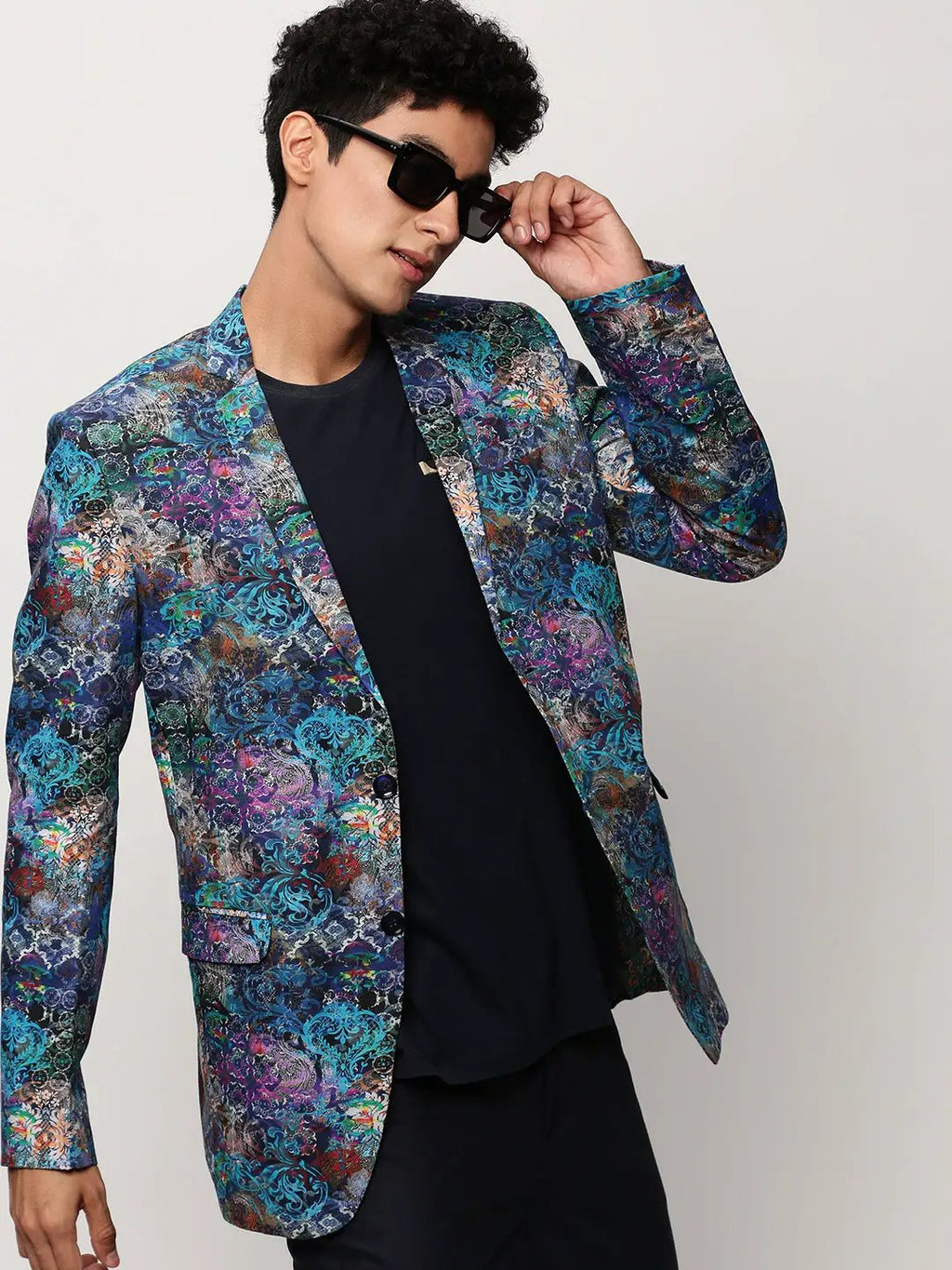 Men's Blue Slim-Fit Printed Notched Lapel Collar Single Breasted Cotton Casual Blazer