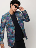 Men's Blue Slim-Fit Printed Notched Lapel Collar Single Breasted Cotton Casual Blazer