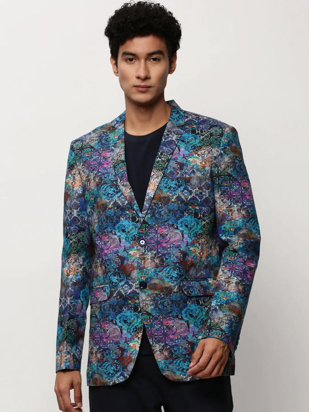 Men's Blue Slim-Fit Printed Notched Lapel Collar Single Breasted Cotton Casual Blazer