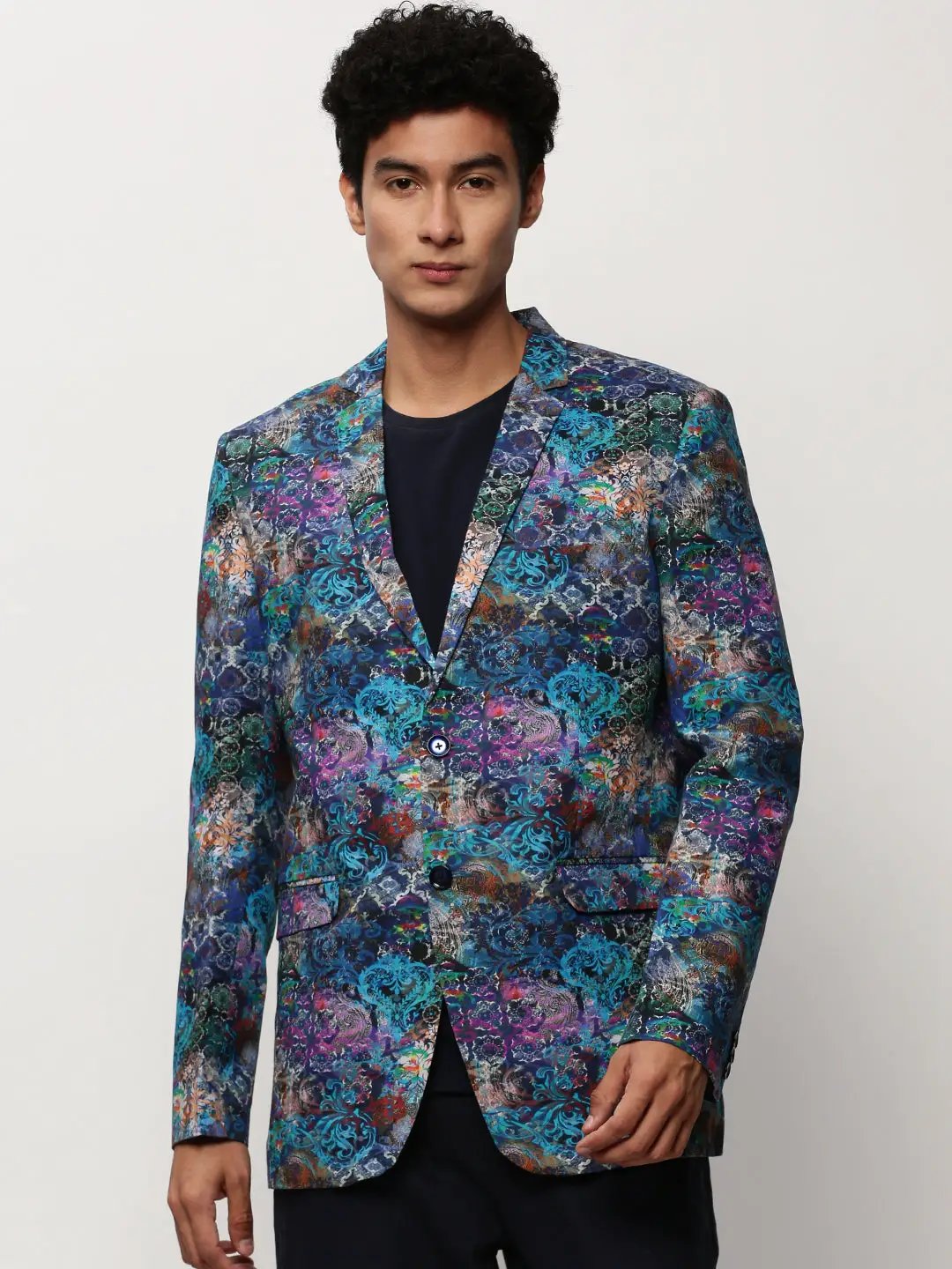 Men's Blue Slim-Fit Printed Notched Lapel Collar Single Breasted Cotton Casual Blazer