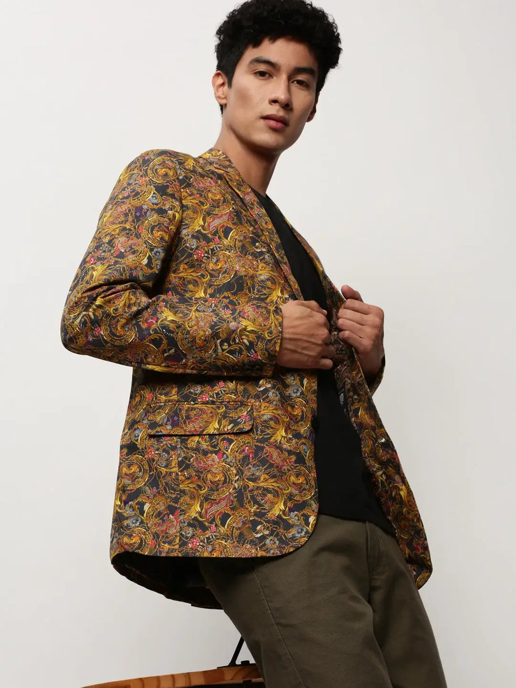 Men's Mustard Slim-Fit Printed Notched Lapel Collar Single Breasted Cotton Casual Blazer