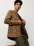 Men's Mustard Slim-Fit Printed Notched Lapel Collar Single Breasted Cotton Casual Blazer