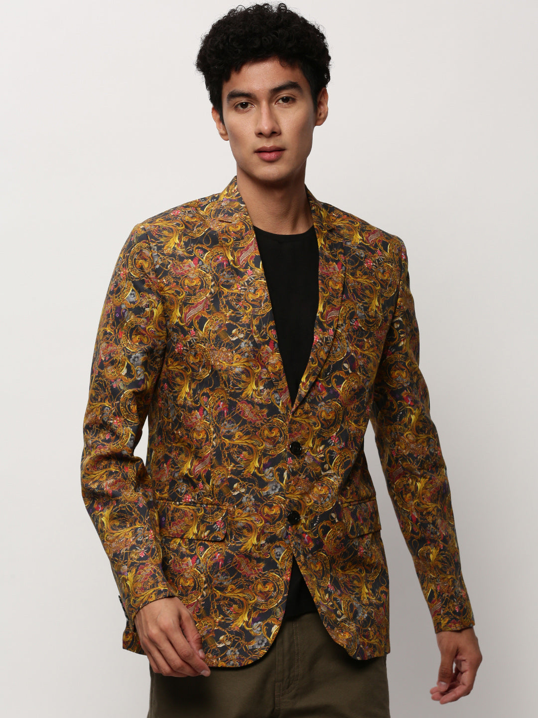 Men's Mustard Slim-Fit Printed Notched Lapel Collar Single Breasted Cotton Casual Blazer