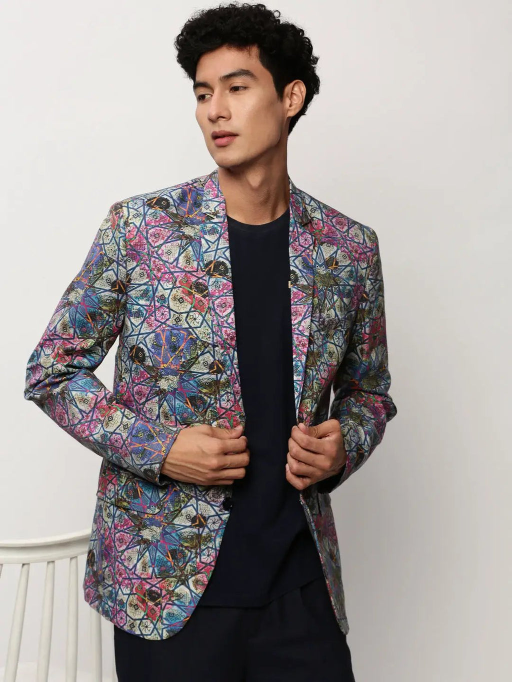 Men's Multi Slim-Fit Printed Notched Lapel Collar Single Breasted Cotton Casual Blazer