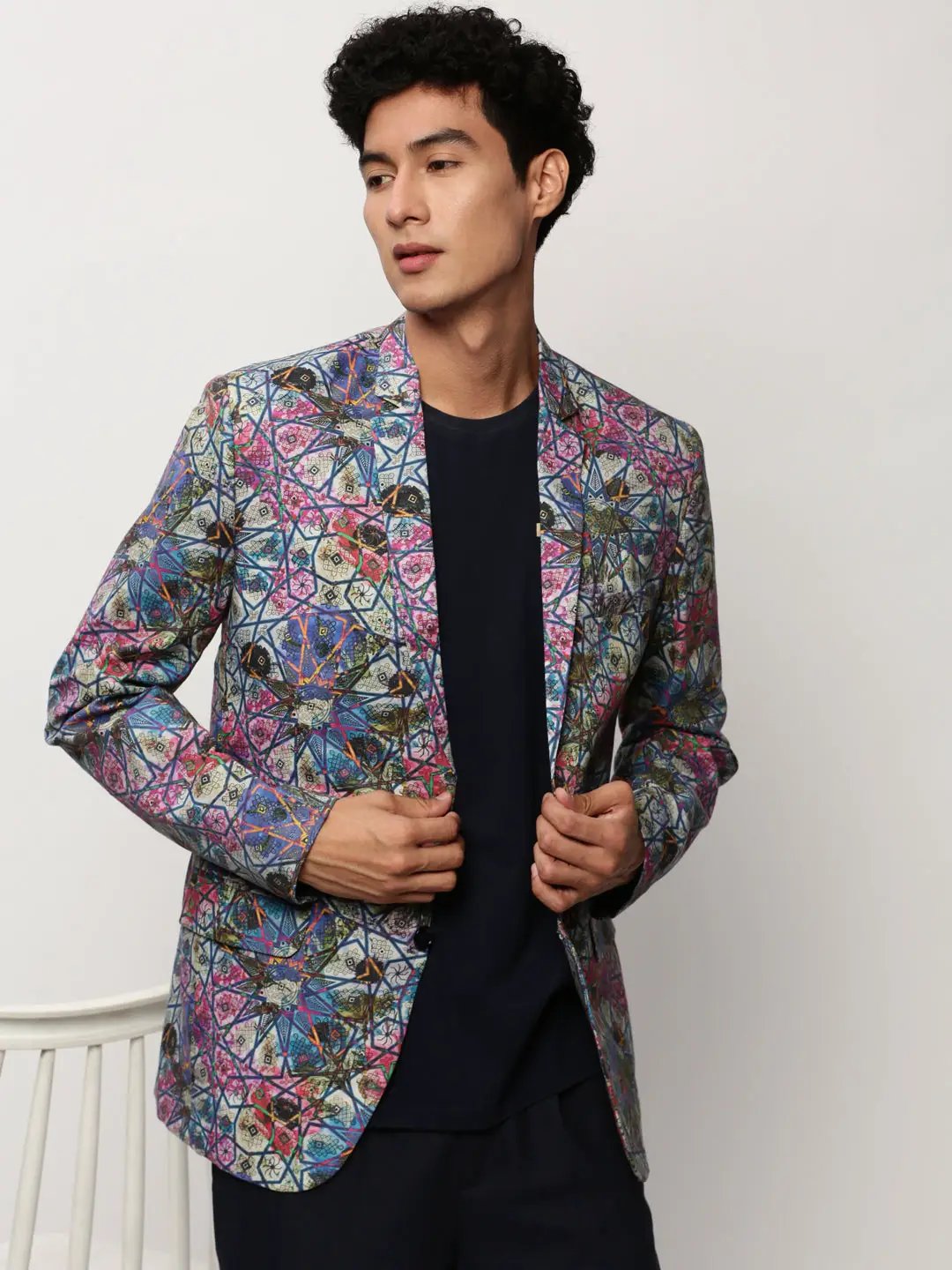 Men's Multi Slim-Fit Printed Notched Lapel Collar Single Breasted Cotton Casual Blazer