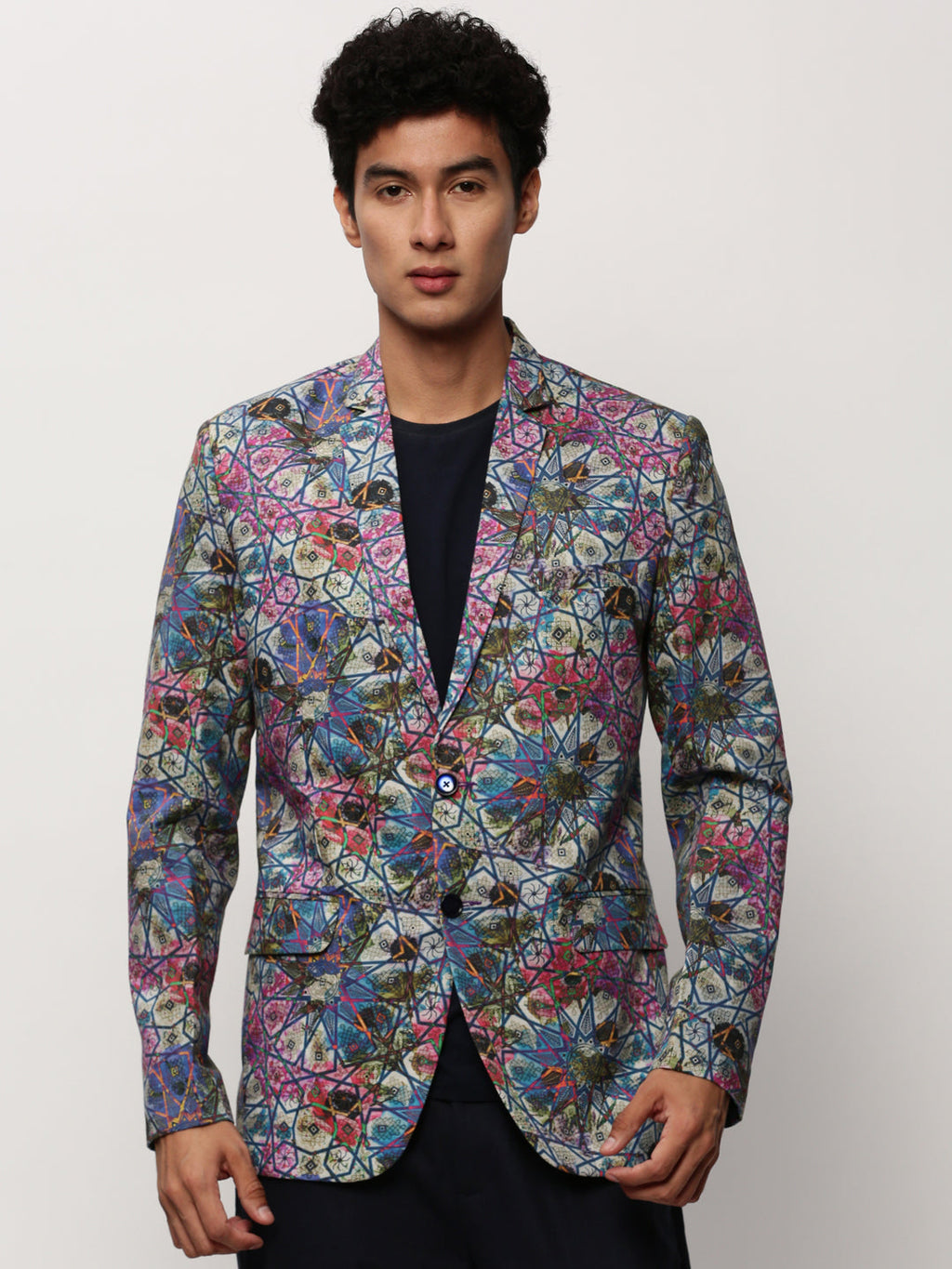 Men's Multi Slim-Fit Printed Notched Lapel Collar Single Breasted Cotton Casual Blazer