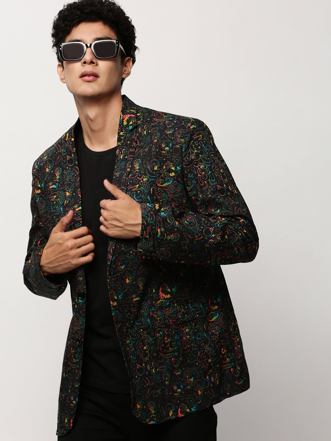 Men's Black Printed Cotton Slim-Fit Single Breasted Blazer
