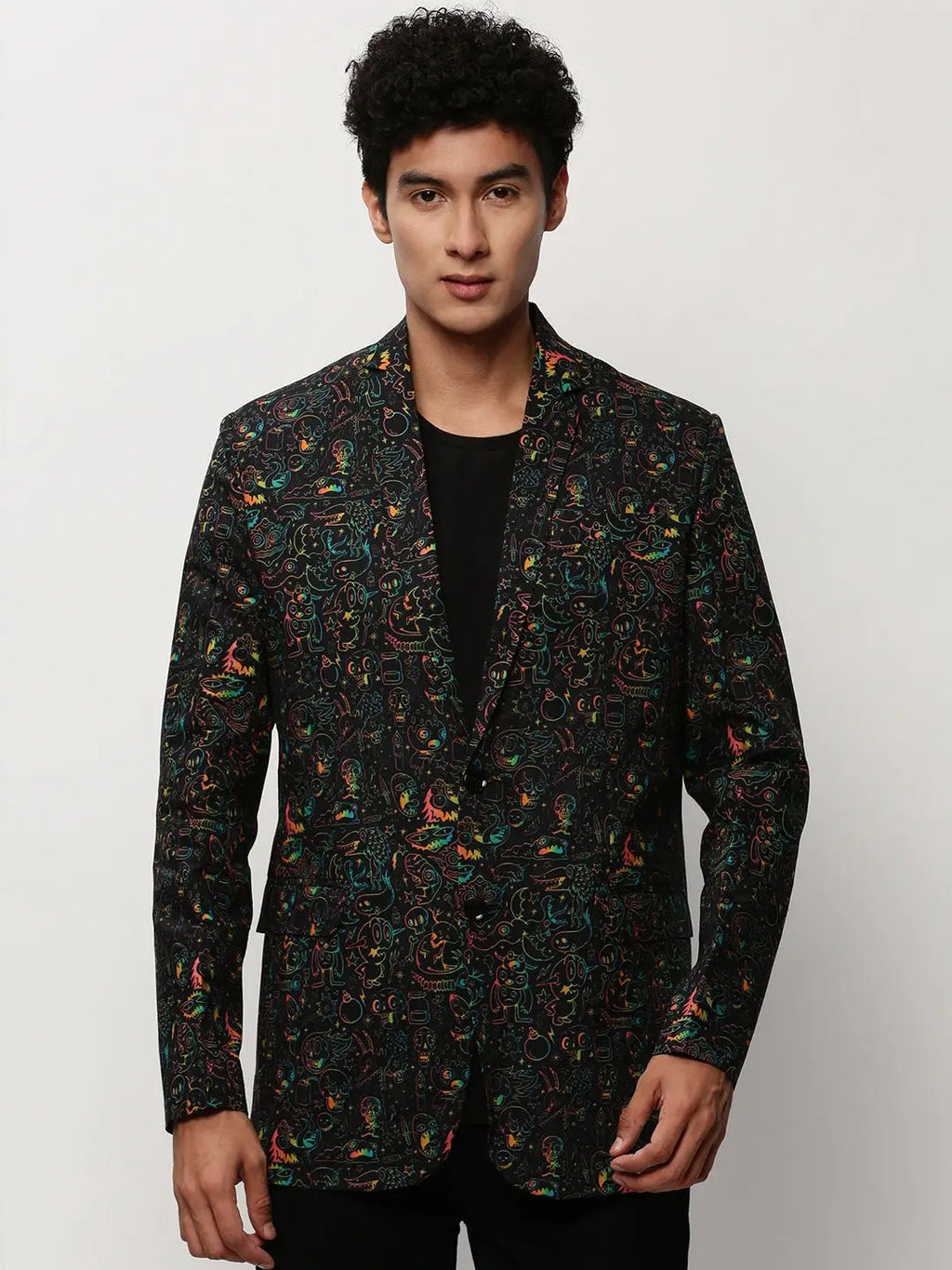Men's Black Printed Cotton Slim-Fit Single Breasted Blazer