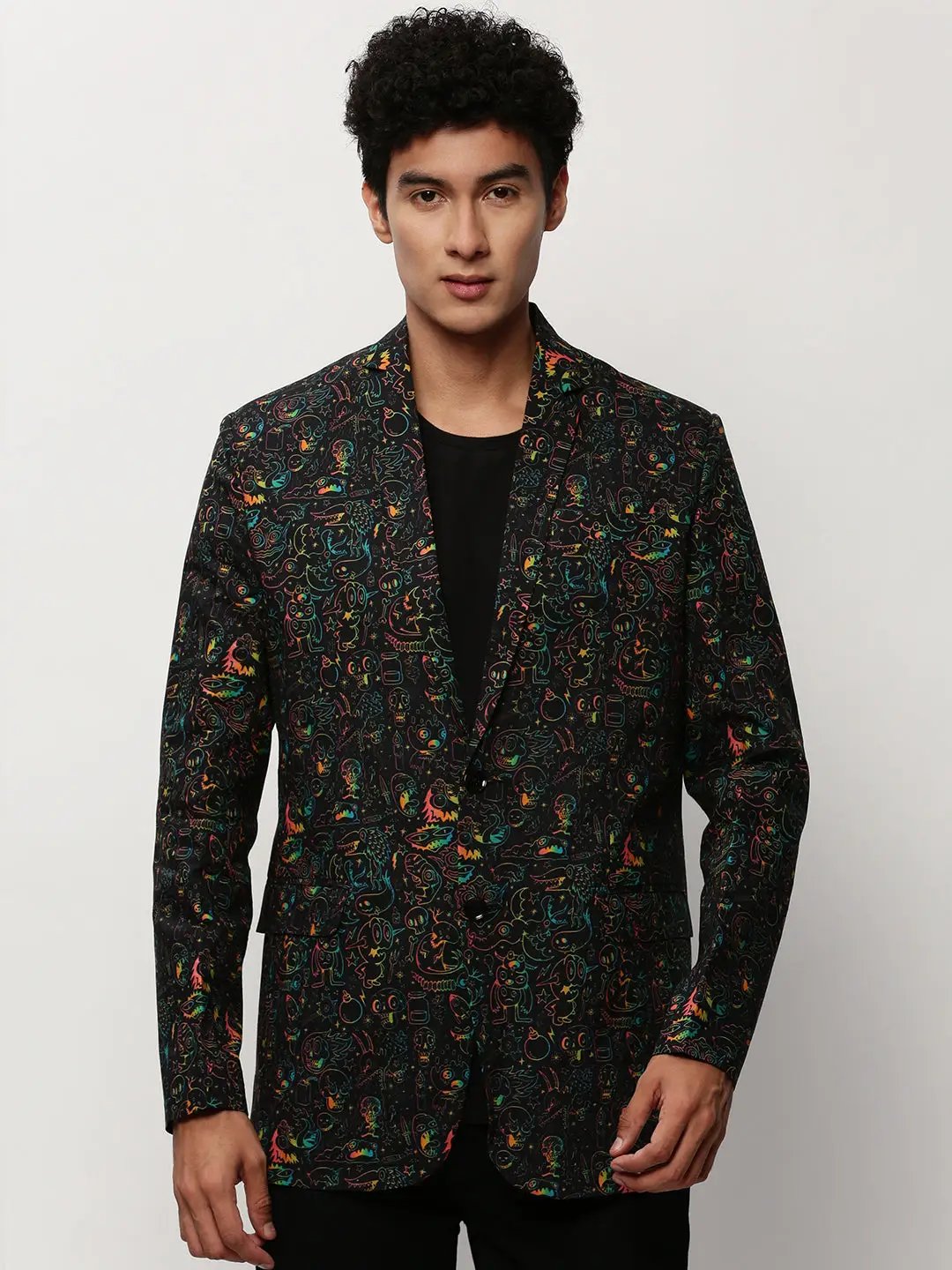 Men's Black Printed Cotton Slim-Fit Single Breasted Blazer