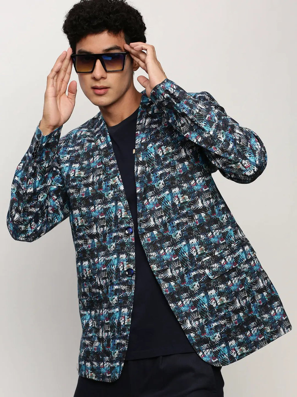 Men's Blue Printed Notched Lapel Collar Single Breasted Slim-Fit Cotton Casual Blazer