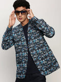 Men's Blue Printed Notched Lapel Collar Single Breasted Slim-Fit Cotton Casual Blazer