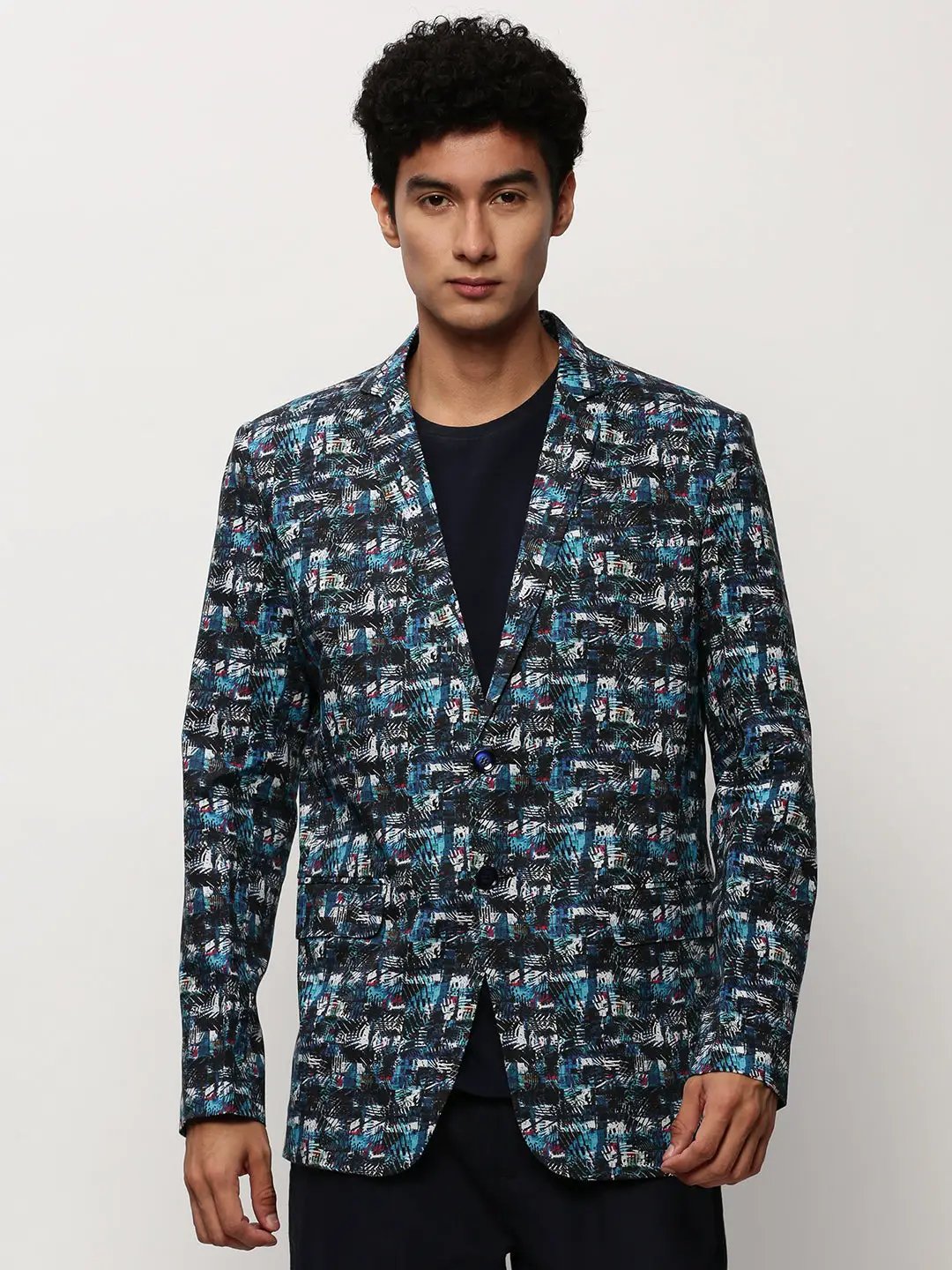 Men's Blue Printed Notched Lapel Collar Single Breasted Slim-Fit Cotton Casual Blazer