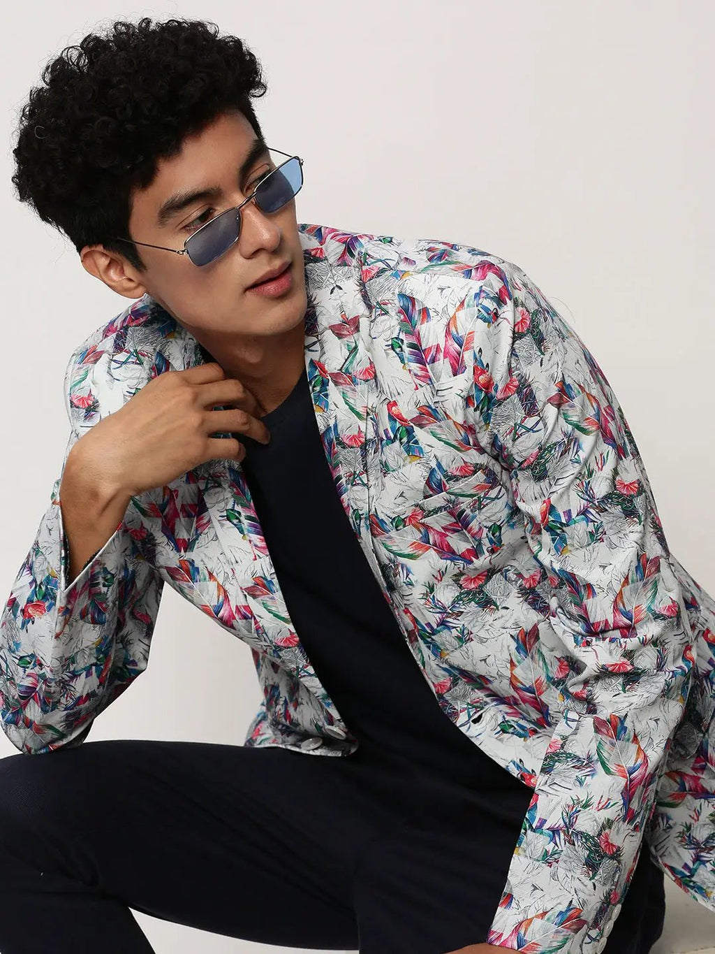 Men's White Tropical Printed Slim-Fit Single Breasted Cotton Blazer