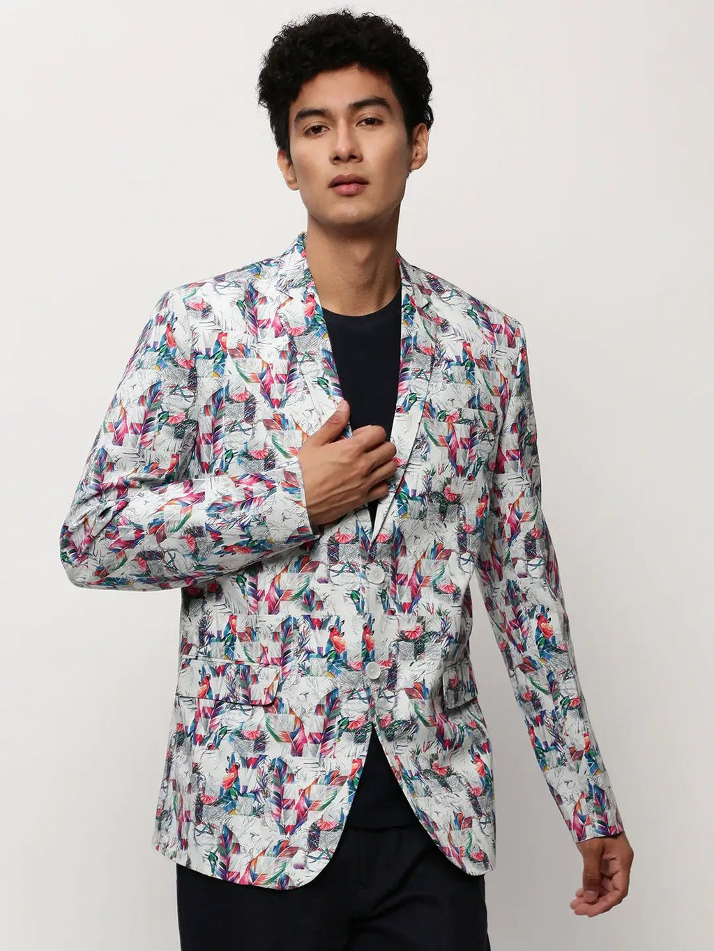 Men's White Tropical Printed Slim-Fit Single Breasted Cotton Blazer