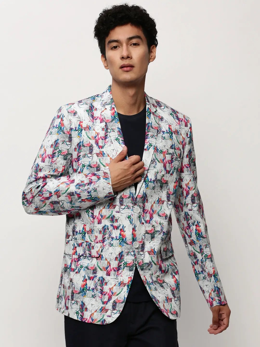 Men's White Tropical Printed Slim-Fit Single Breasted Cotton Blazer