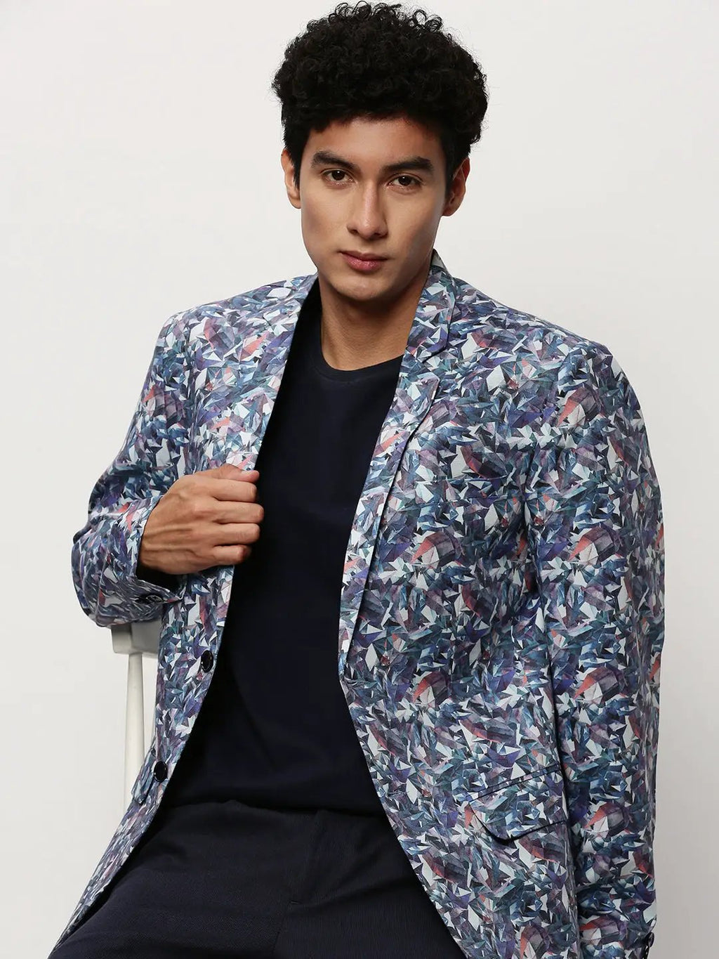 Men's White Geometric Printed Slim-Fit Single-Breasted Cotton Blazer
