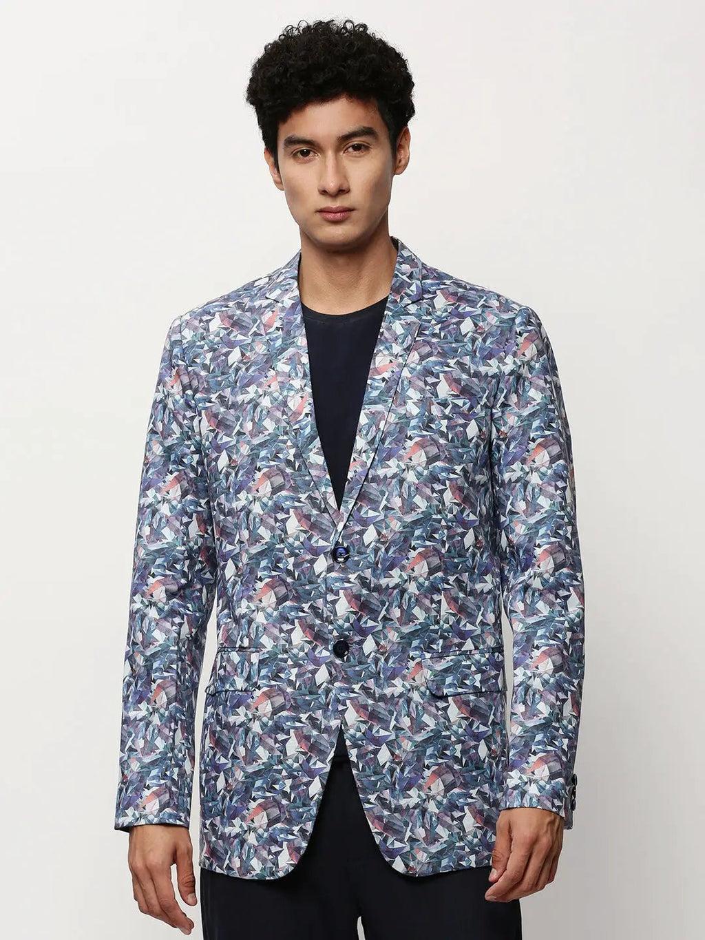 Men's White Geometric Printed Slim-Fit Single-Breasted Cotton Blazer