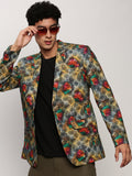 Men's Grey Ethnic Motifs Printed Slim-Fit Single Breasted Cotton Blazer