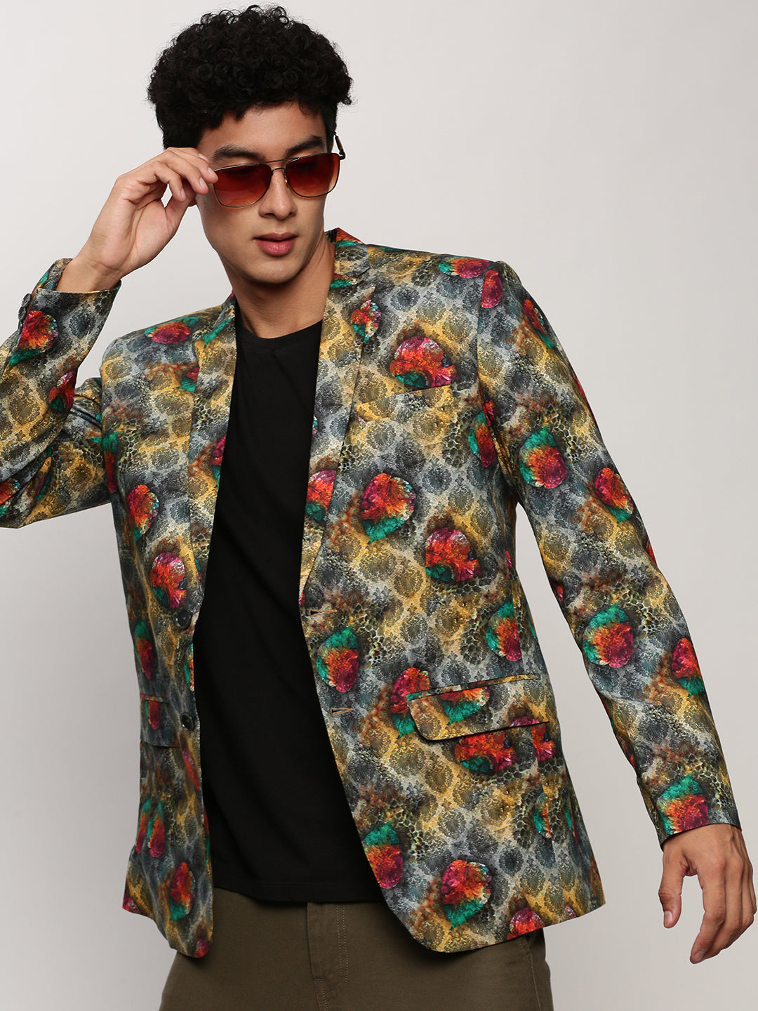 Men's Grey Ethnic Motifs Printed Slim-Fit Single Breasted Cotton Blazer