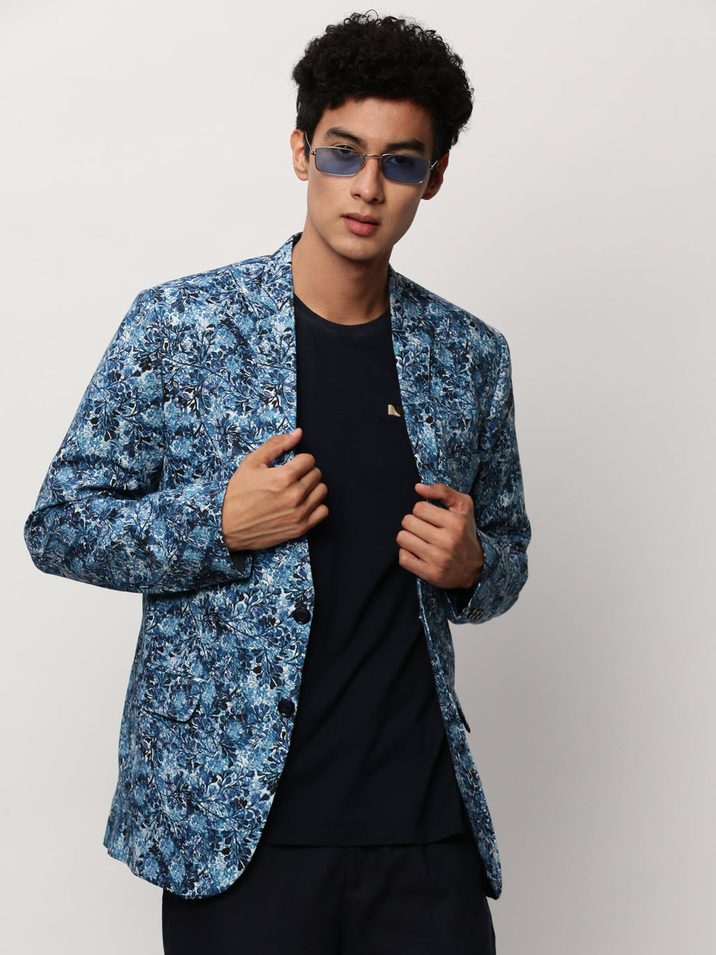 Men's Blue Floral Printed Slim-Fit Single Cotton Breasted Blazer