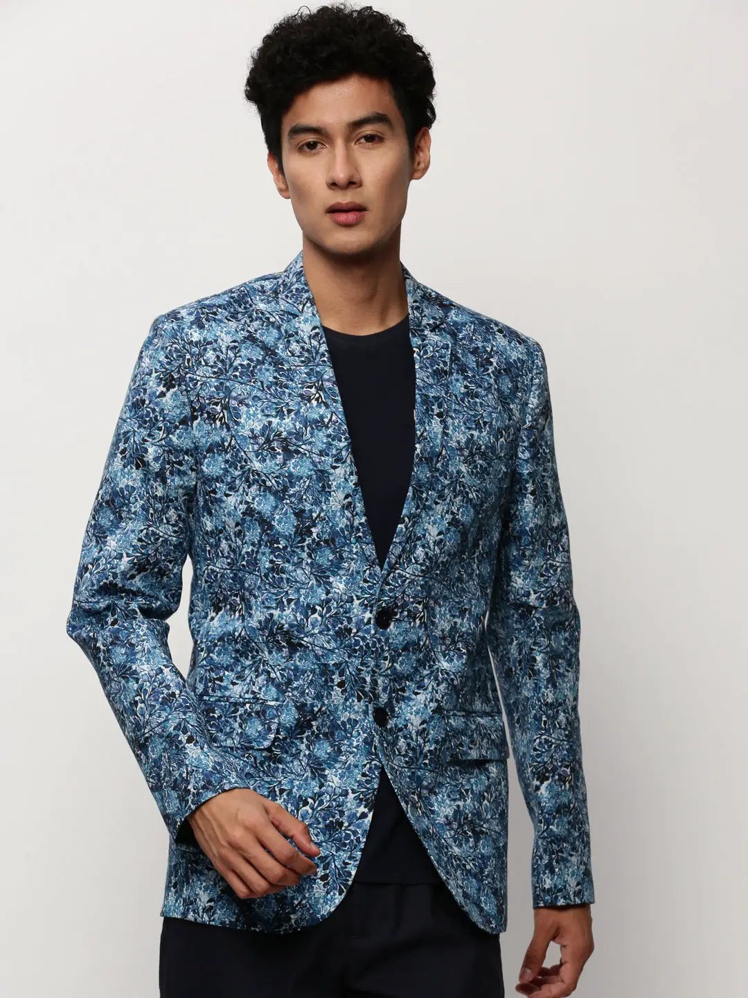Men's Blue Floral Printed Slim-Fit Single Cotton Breasted Blazer