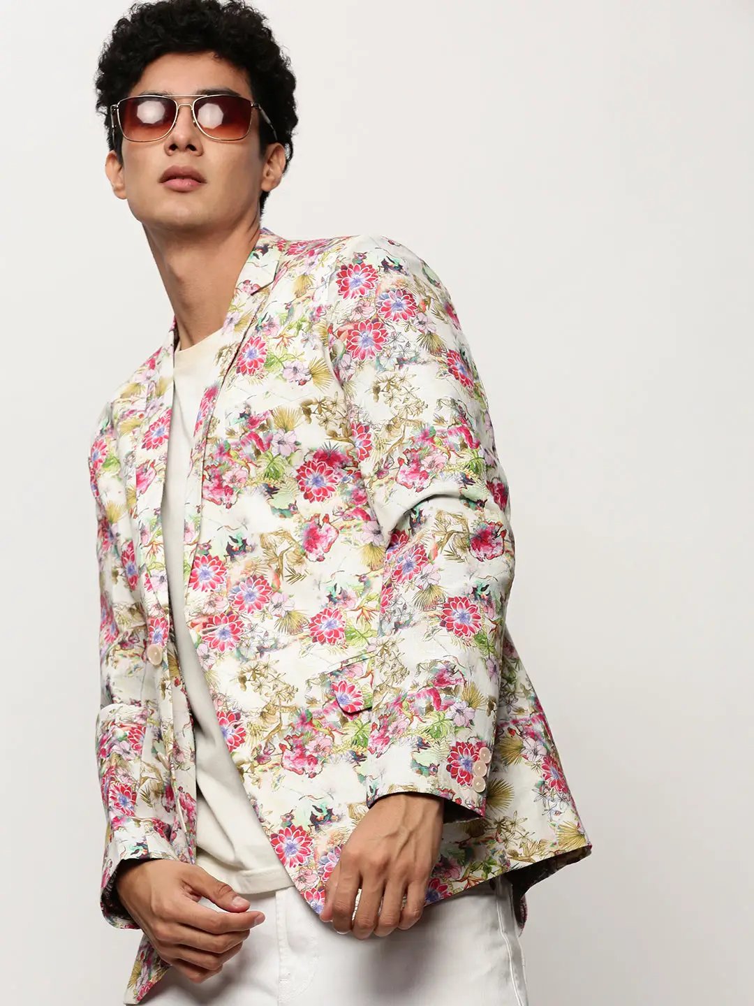 Men's Off White Printed Notched Lapel Collar Single Breasted Slim-Fit Casual Blazer